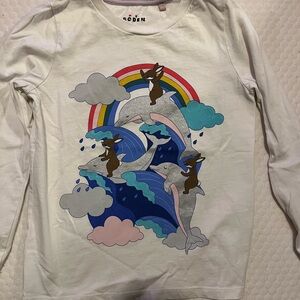 Mini Boden White Long Sleeve Shirt with Dolphins and Rainbow